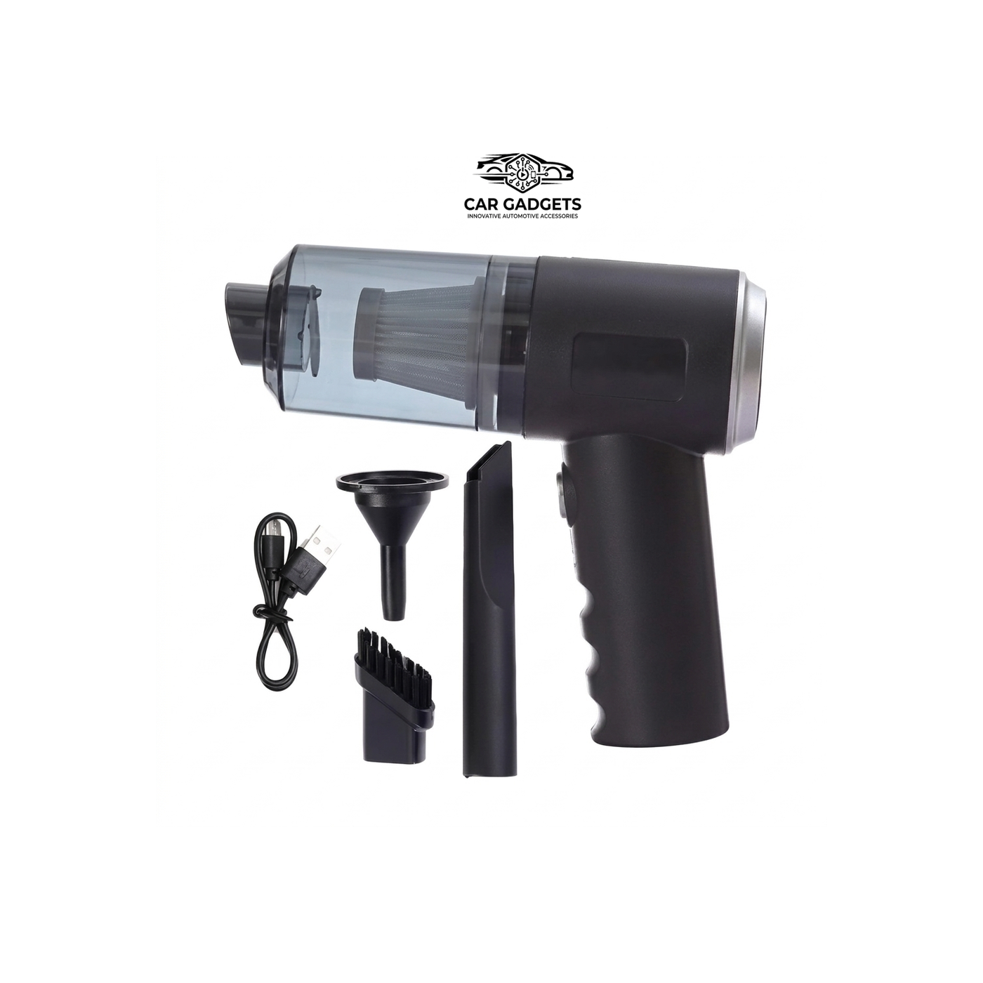Compact car vacuum stored inside a vehicle