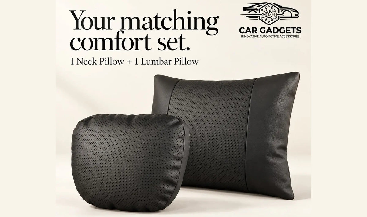 Black neck and lumbar car seat comfort pillows displayed as two separate styles