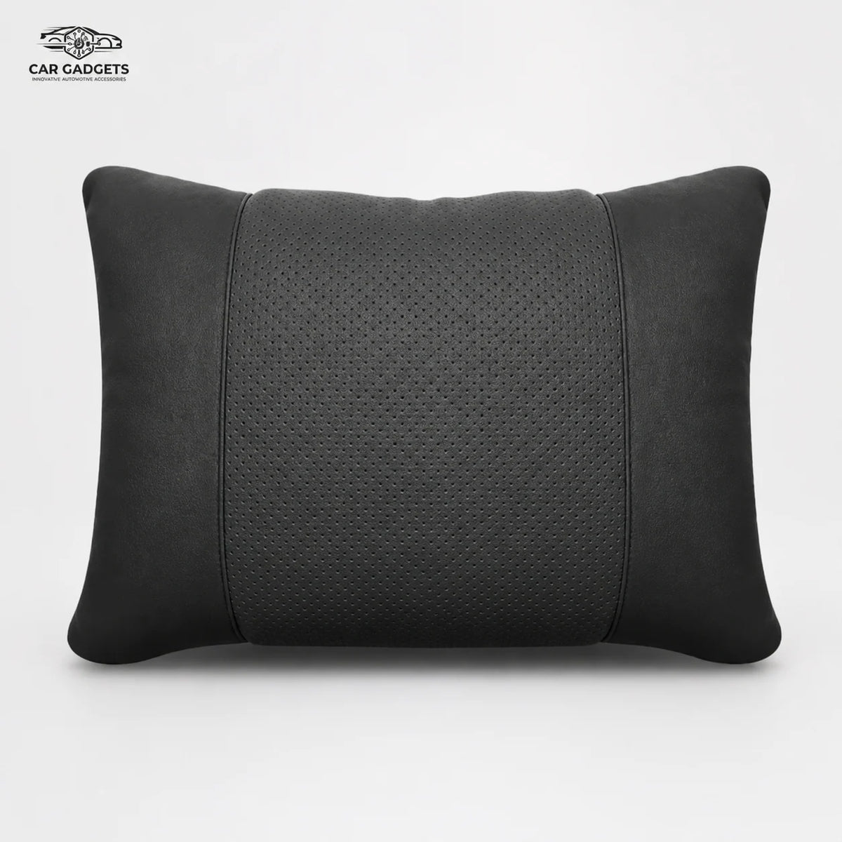 Black three-panel car lumbar pillow on a white background