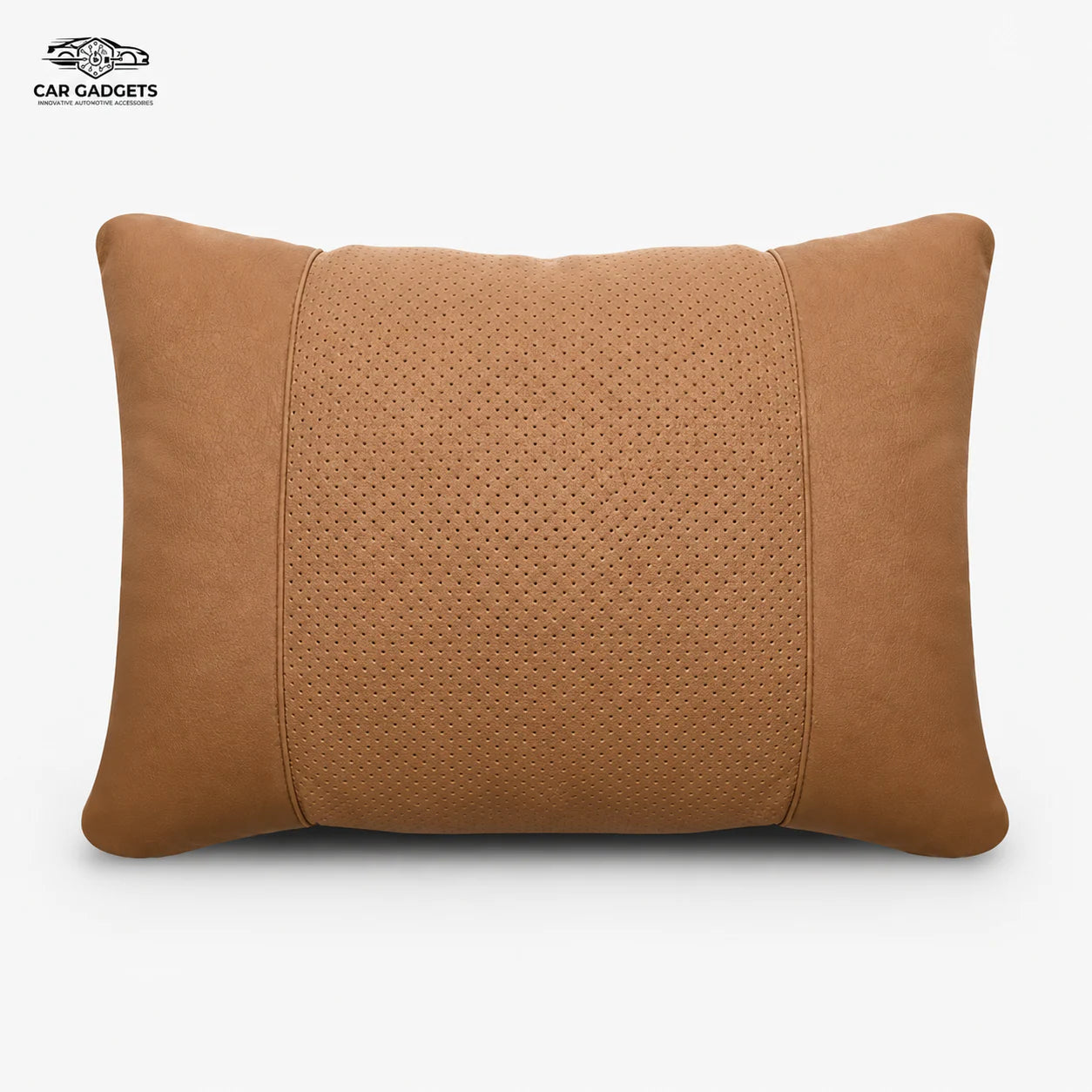 Cognac three-panel car lumbar pillow on a white background