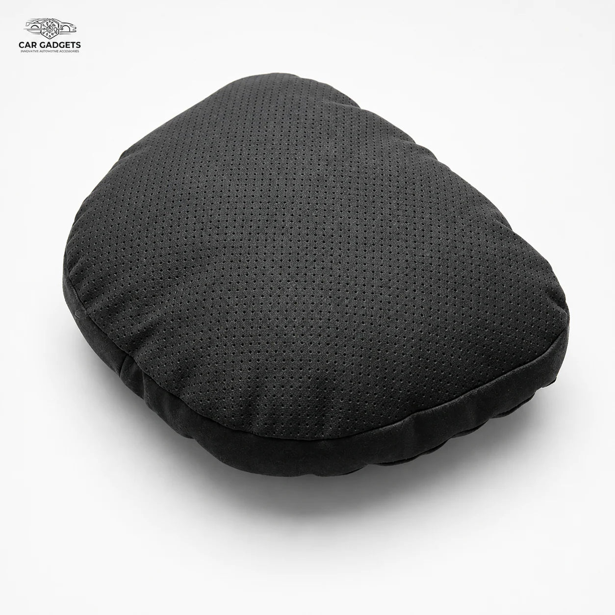 Black perforated car neck pillow on a white background
