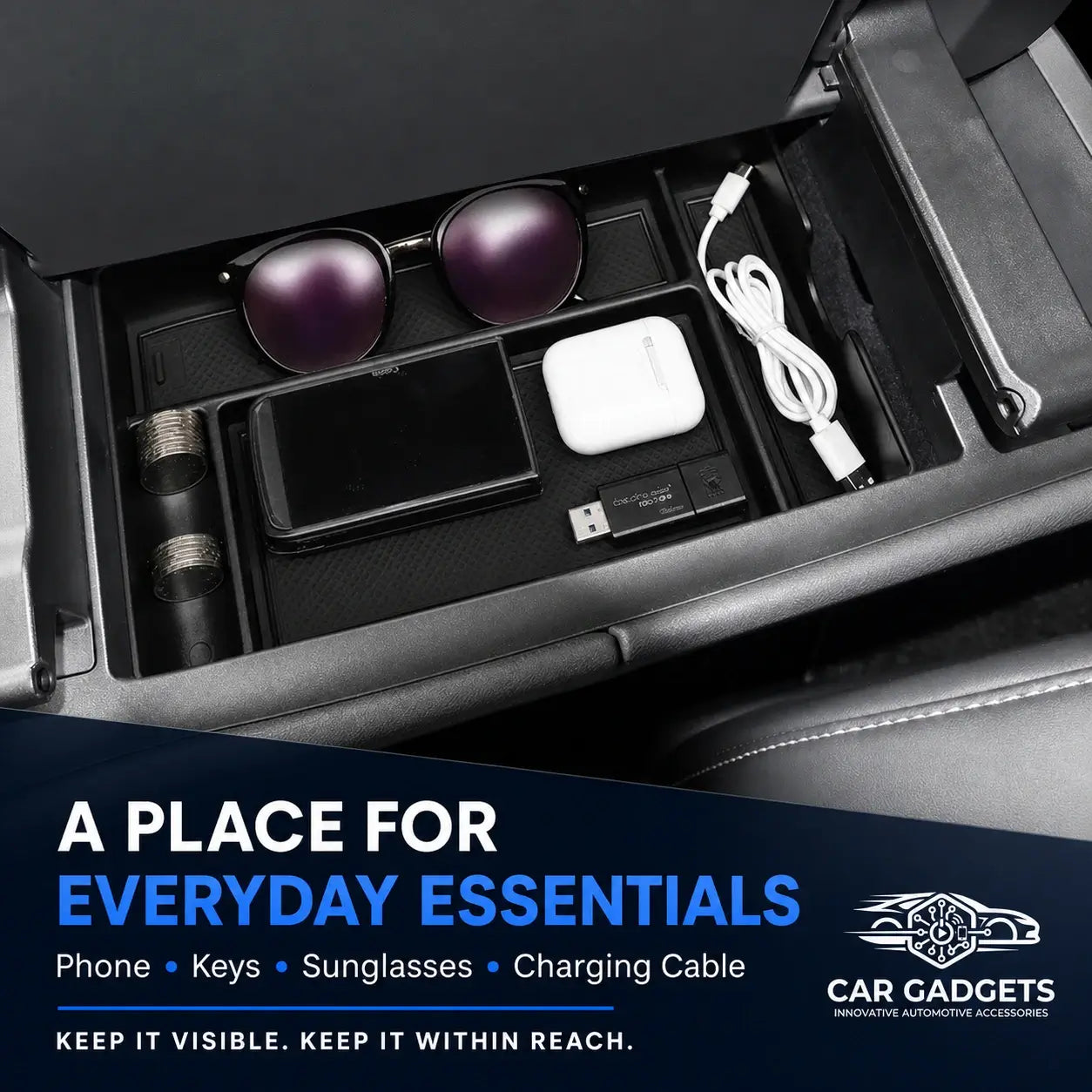 Lexus RX center console organizer holding phone sunglasses and charging cable