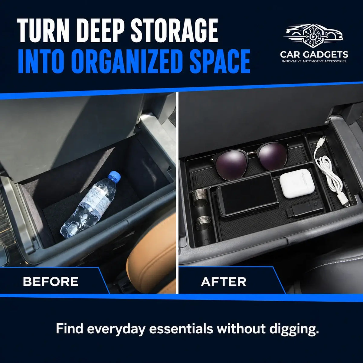 Lexus RX center console before and after installing organizer tray