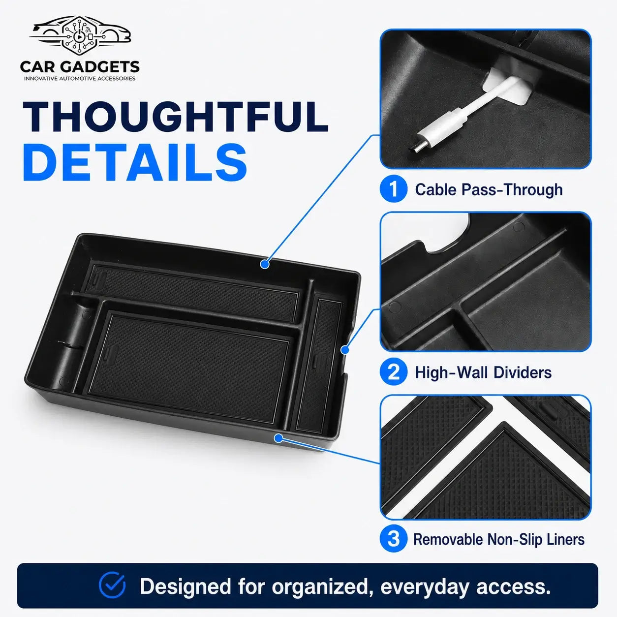 Center console tray coin holder cable pass-through dividers and removable liners