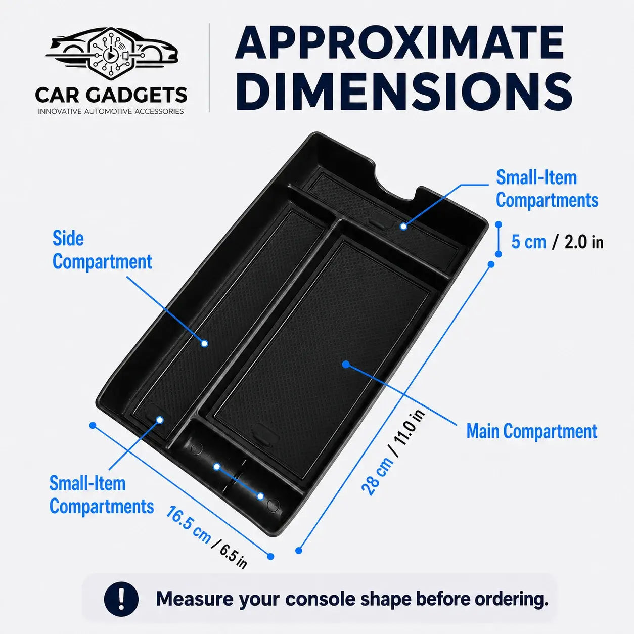 Approximate dimensions of Lexus RX center console organizer tray