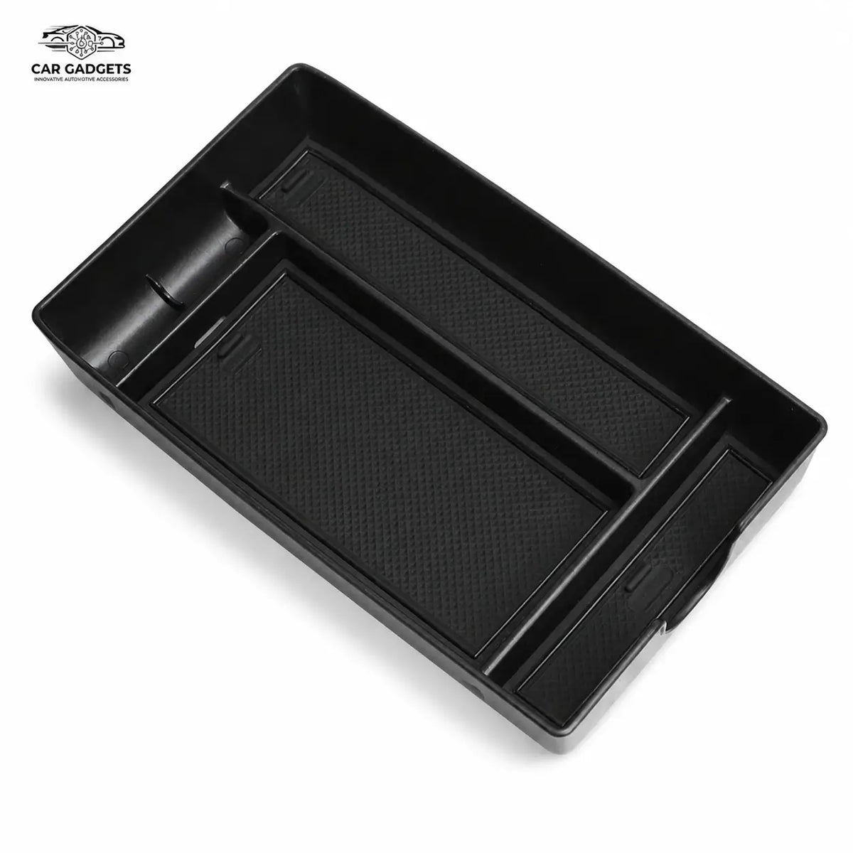 Black ABS center console organizer tray with non-slip liners