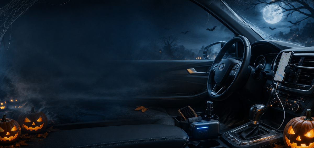 Halloween car gadgets displayed inside a modern car at night