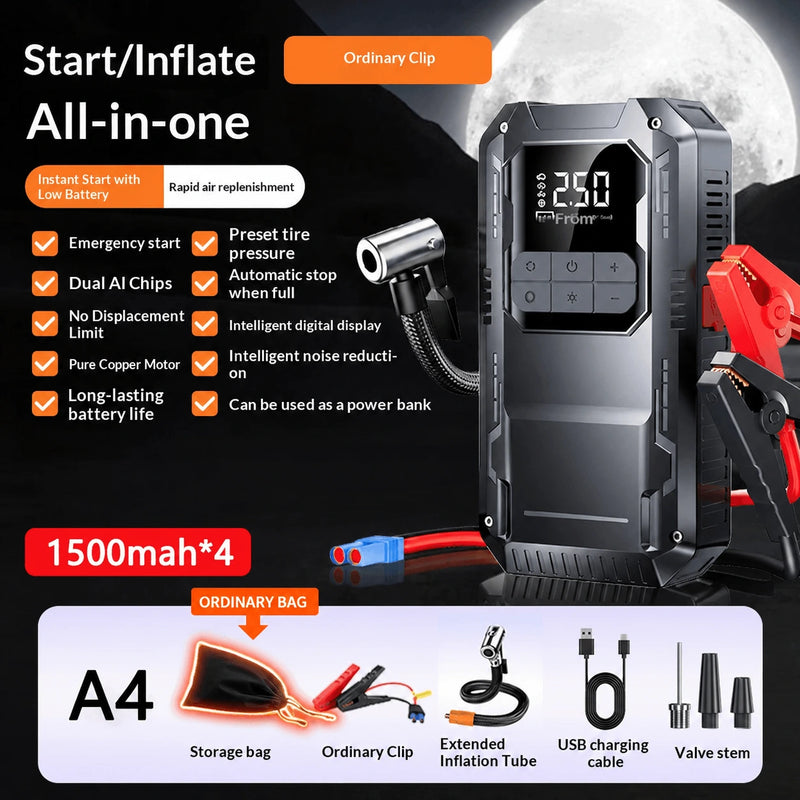 12V jump starter A4 ordinary clip version showing package contents: storage bag, clamp cable, inflation tube, USB cable, and valve stems