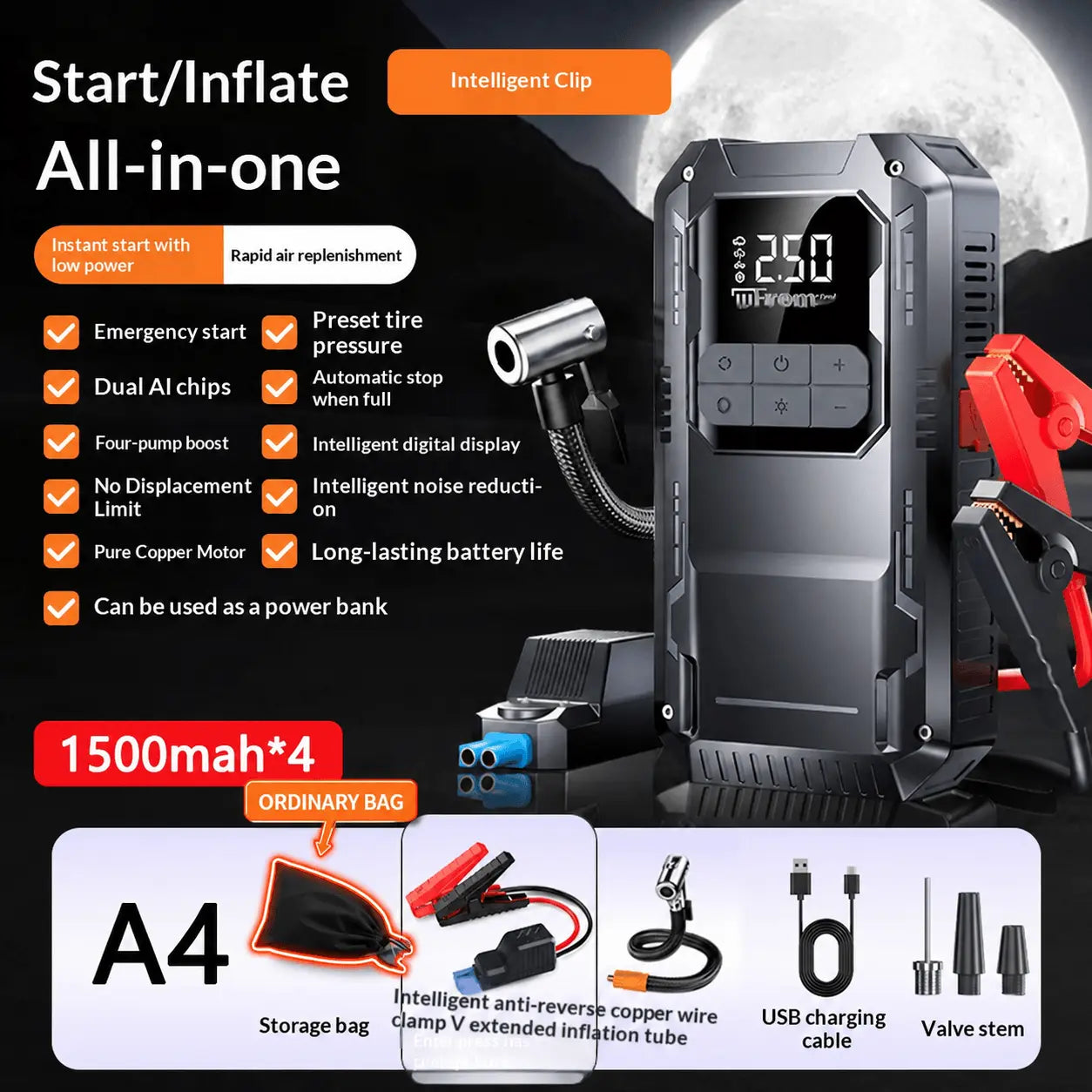 12V jump starter A4 intelligent clip version with anti-reverse copper wire clamp, inflation tube, USB cable, and valve stems