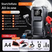 12V jump starter A4 intelligent clip version with anti-reverse copper wire clamp, inflation tube, USB cable, and valve stems