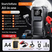 12V jump starter A4 intelligent clip version with high-end hard storage box, anti-reverse clamp, inflation tube, USB cable, and valve stems