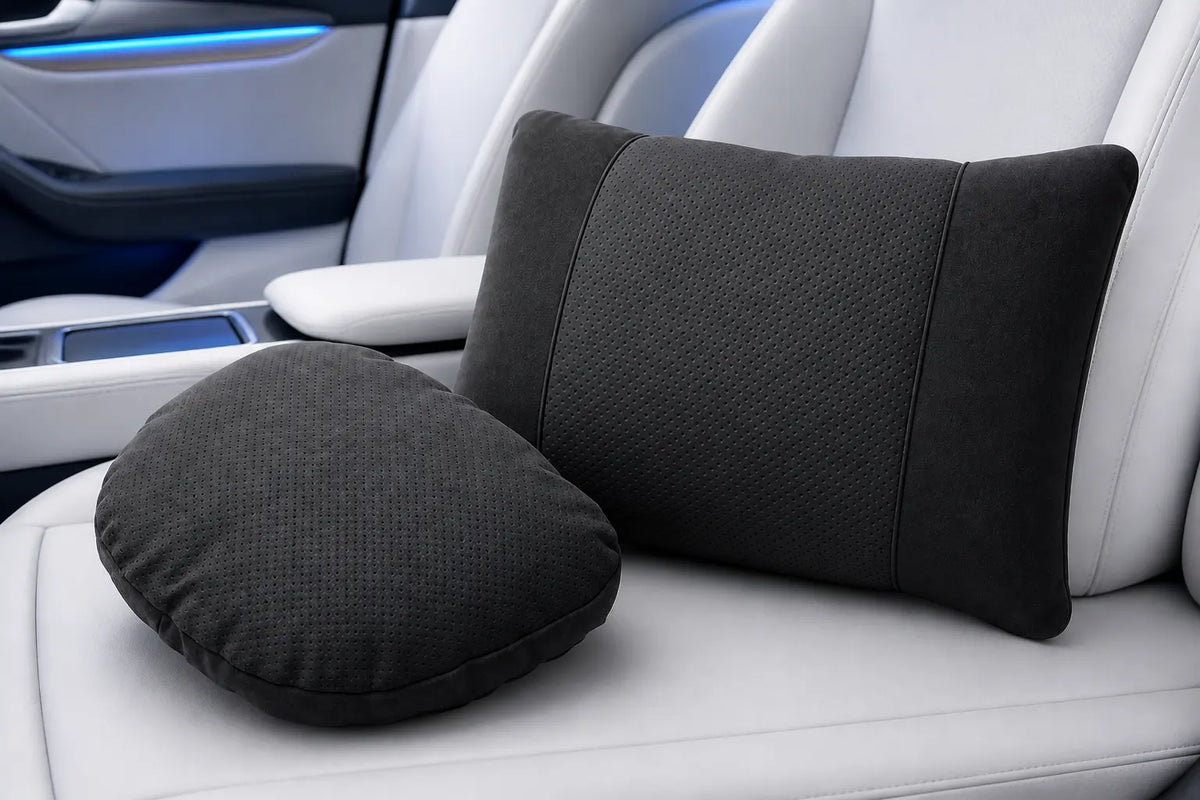 Black neck and lumbar car seat comfort pillows displayed as two separate styles