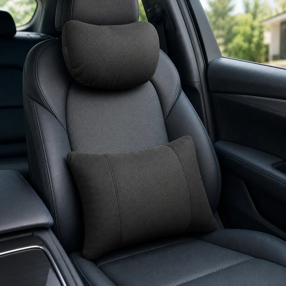Black neck and lumbar comfort pillows positioned on a compatible car seat