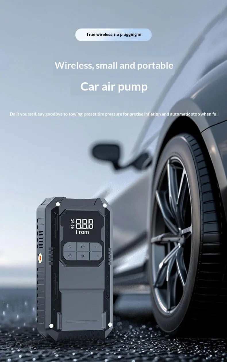 A wireless car air pump shown in the foreground with a blurred car wheel and body in the background, plus marketing text on a light blue-gray gradient backdrop.