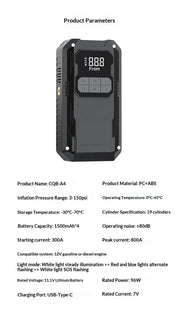 12V jump starter CQB-A4 product specifications: 3–150 PSI inflation, 1500mAh x4 battery, 300A starting current, 800A peak, USB-Type-C charging