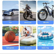 12V jump starter compatible inflation uses: car tires, motorcycle tires, bicycle tires, sports balls, air mattress, and swim rings