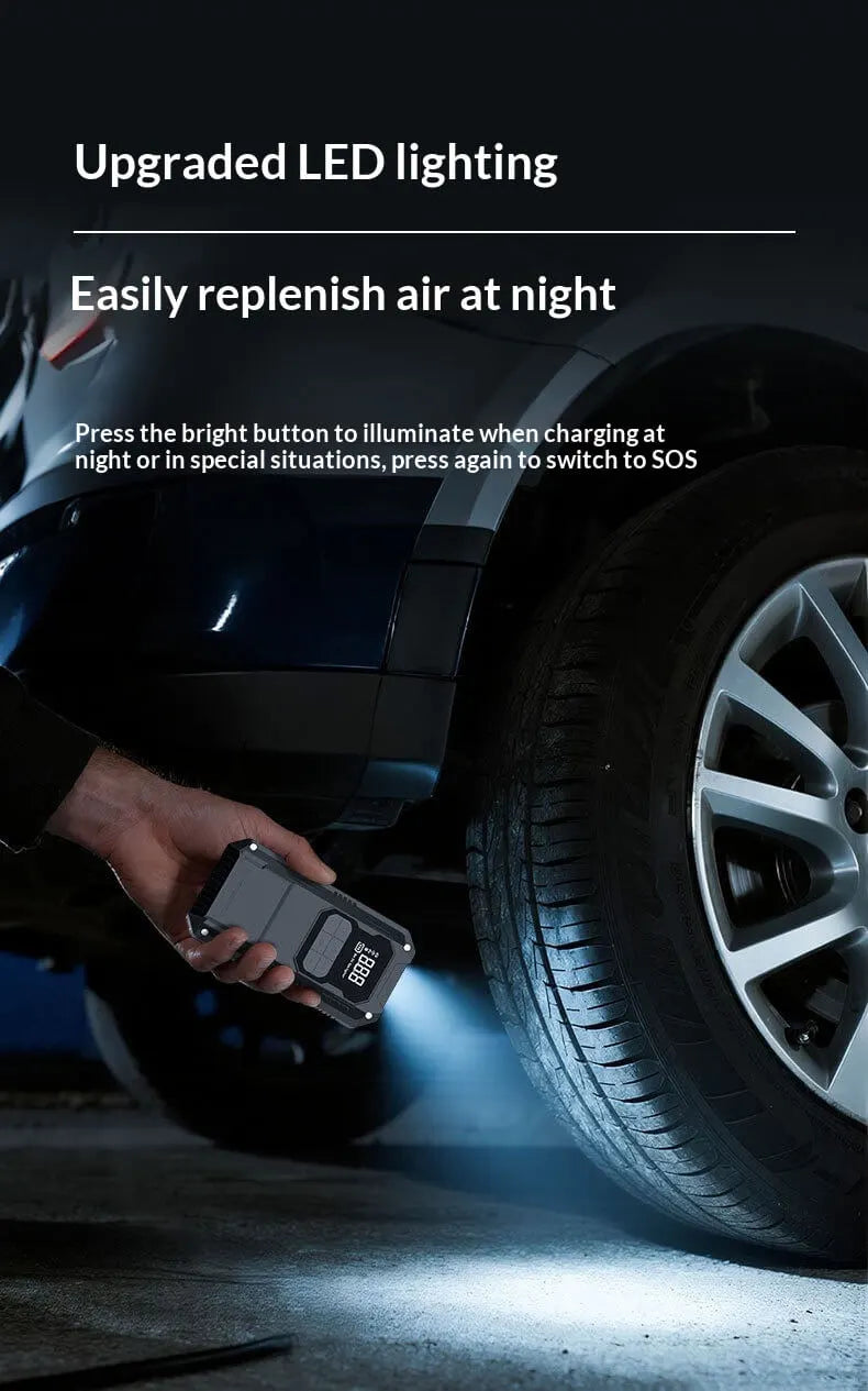 A hand holds a small rectangular device emitting a blue light beam toward a car tire at night. White text at the top reads 'Upgraded LED lighting' and 'Easily replenish air at night,' with additional usage text below.