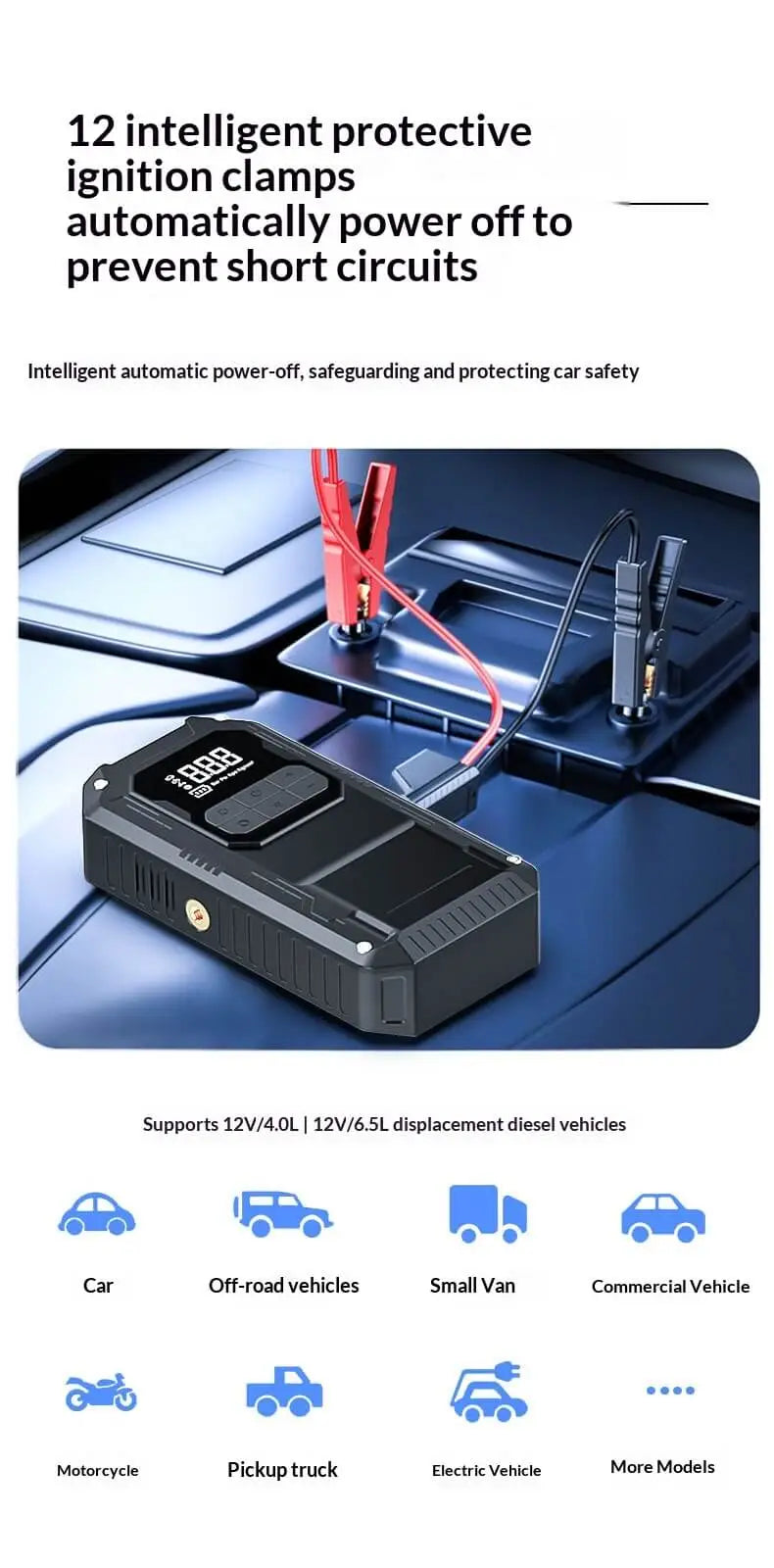 12V jump starter battery clamps connected to a car battery, compatible with 12V gasoline and diesel engines up to 4.0L