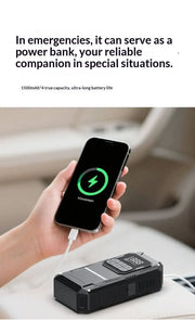 A hand holds a smartphone charging from a black portable power bank in a car interior. Text at the top says the device can serve as a power bank in emergencies.