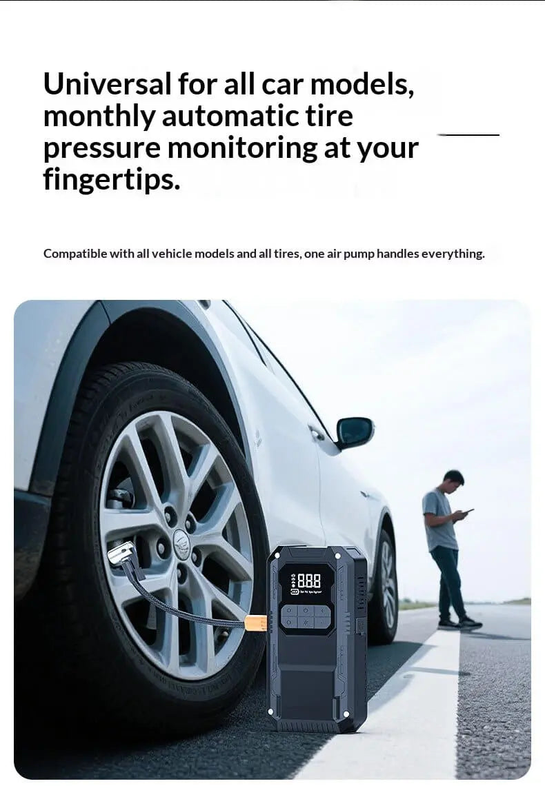 12V jump starter being used to inflate a car tire at the roadside with hose connected to the wheel valve