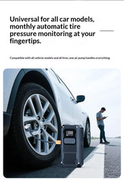 12V jump starter being used to inflate a car tire at the roadside with hose connected to the wheel valve