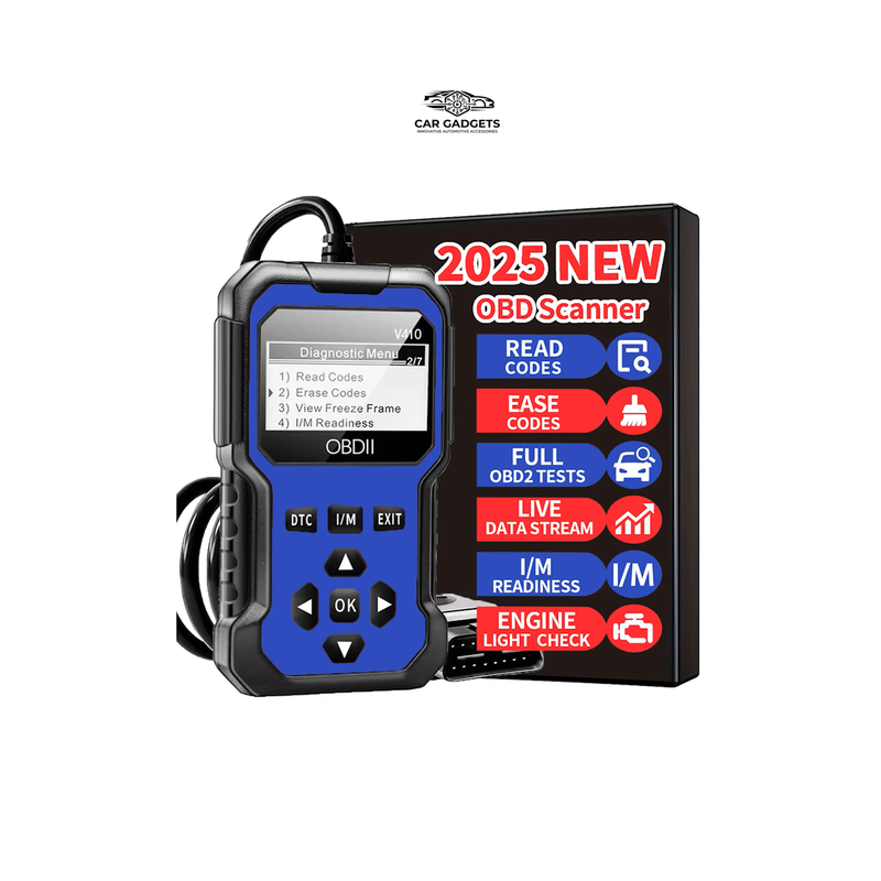 Blue OBD2 scanner showing the diagnostic menu