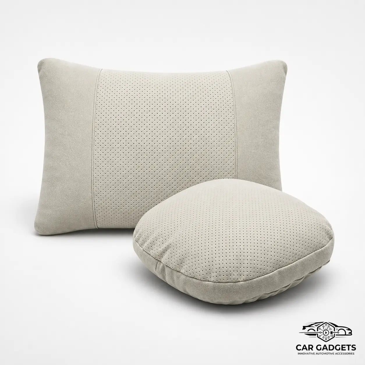 Beige car seat neck and lumbar pillow set on a white studio background