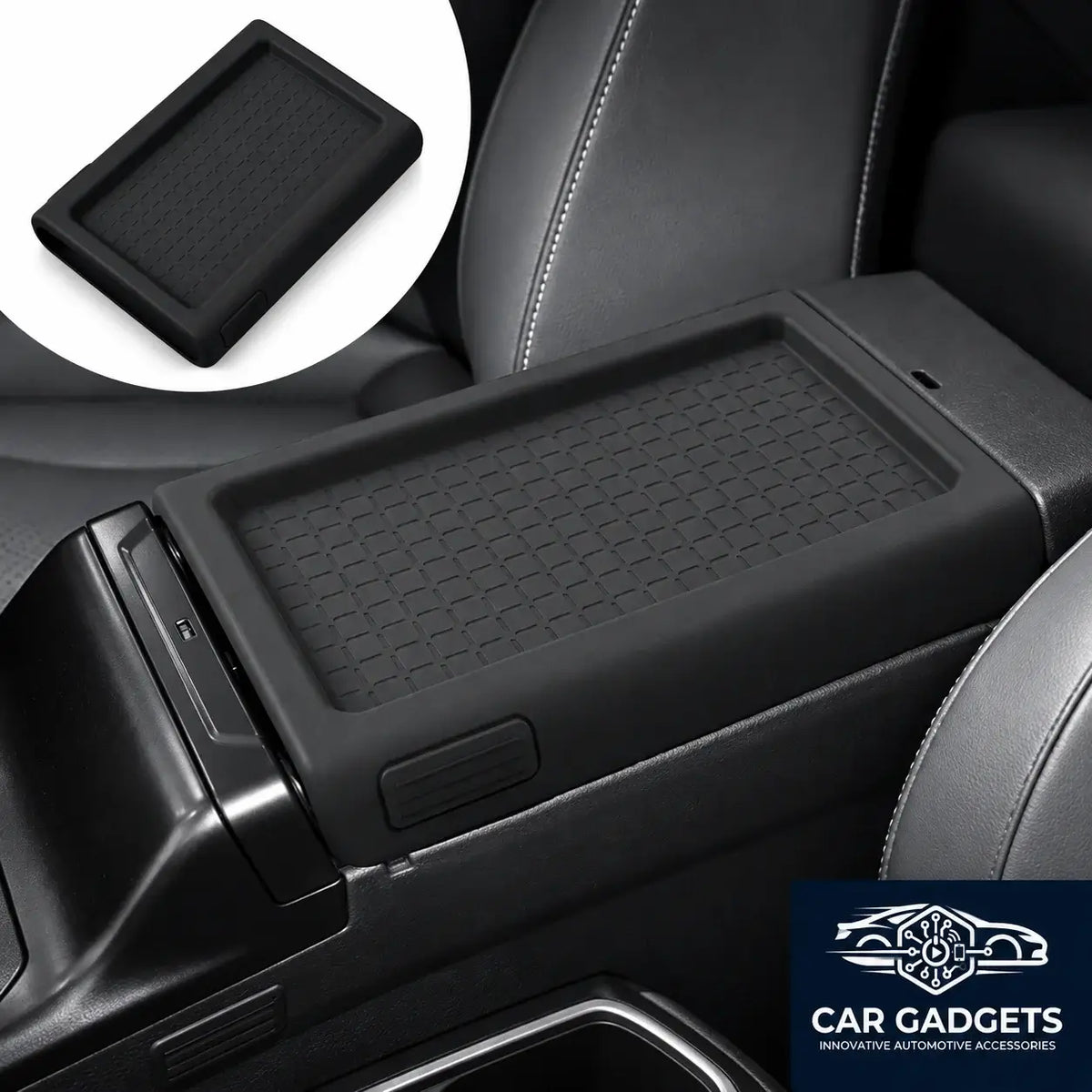Black full-wrap silicone armrest cover installed on the center console of a 2026 Toyota RAV4