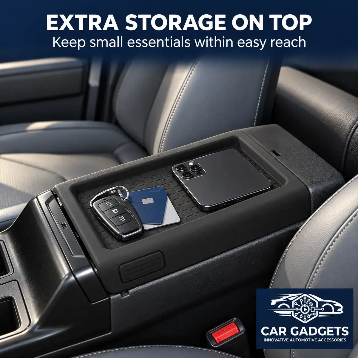 2026 Toyota RAV4 silicone armrest cover holding a phone, keys and cards in the raised top tray