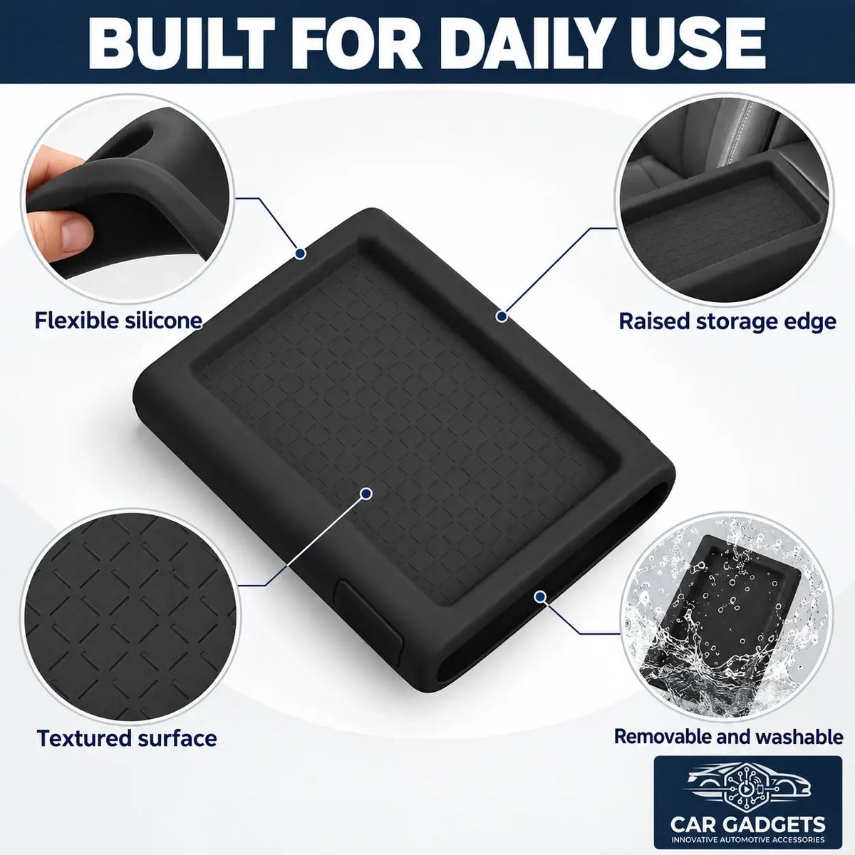 Flexible silicone armrest cover with raised storage edge, textured surface and washable design