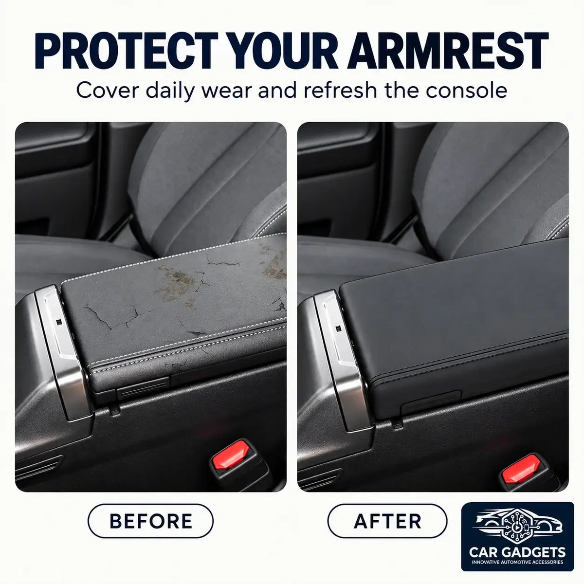 Before and after view of a worn center console lid covered by a black armrest cover