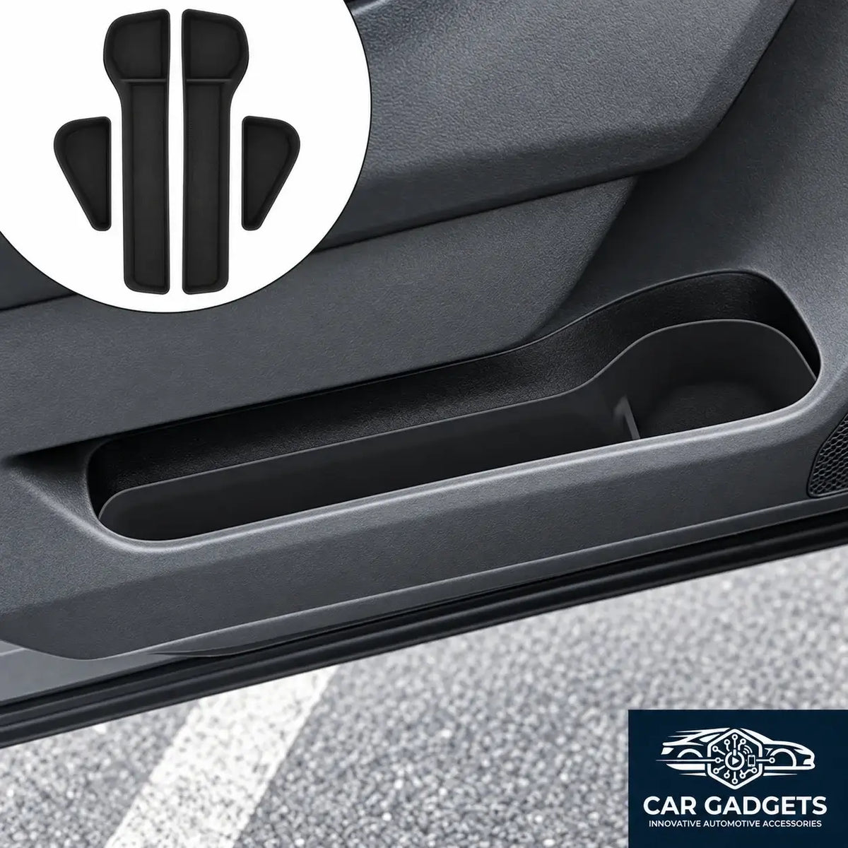 Black four-piece door storage box set shown fitted in a 2026 Toyota RAV4 door pocket