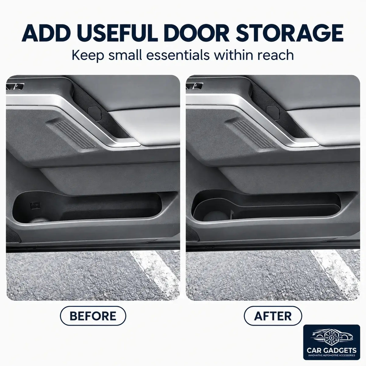 Before and after view of a 2026 Toyota RAV4 door pocket with a fitted black storage insert