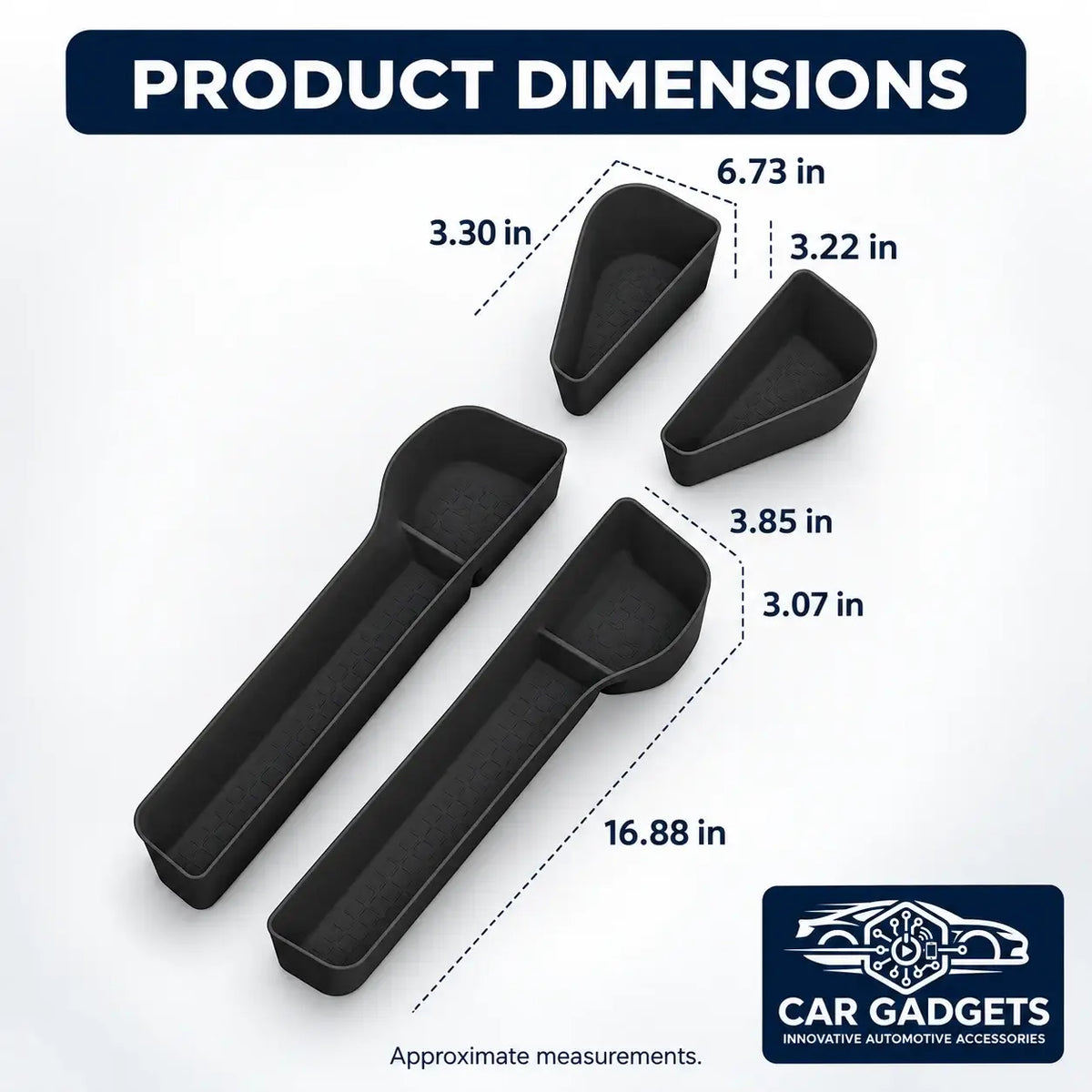 Dimension diagram for the four front and rear door storage inserts with approximate measurements