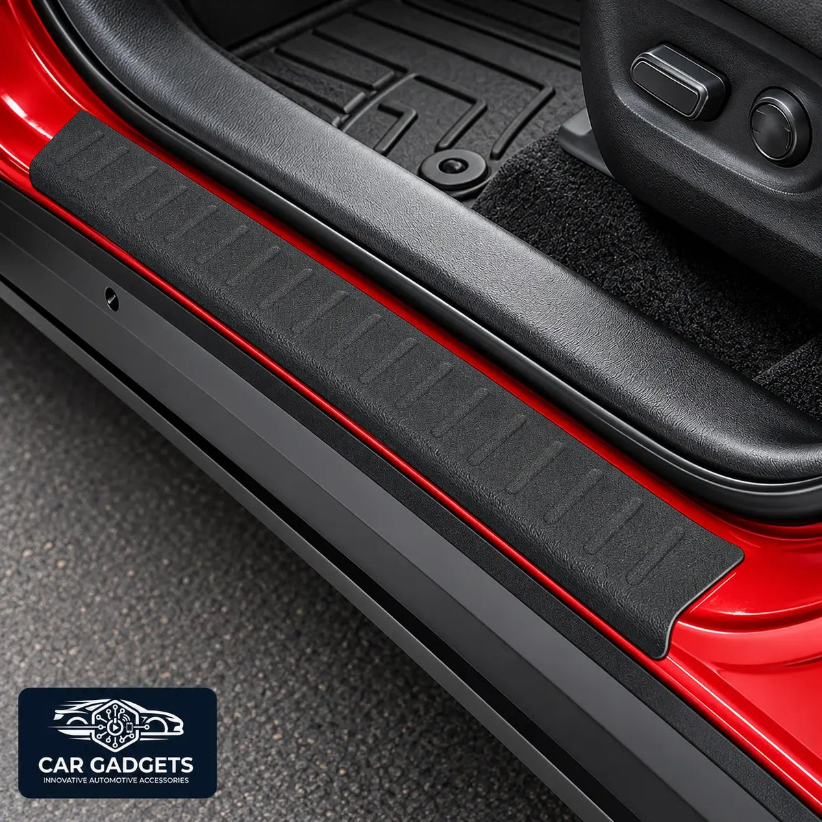 Black textured door sill protector shown on red vehicle door entry