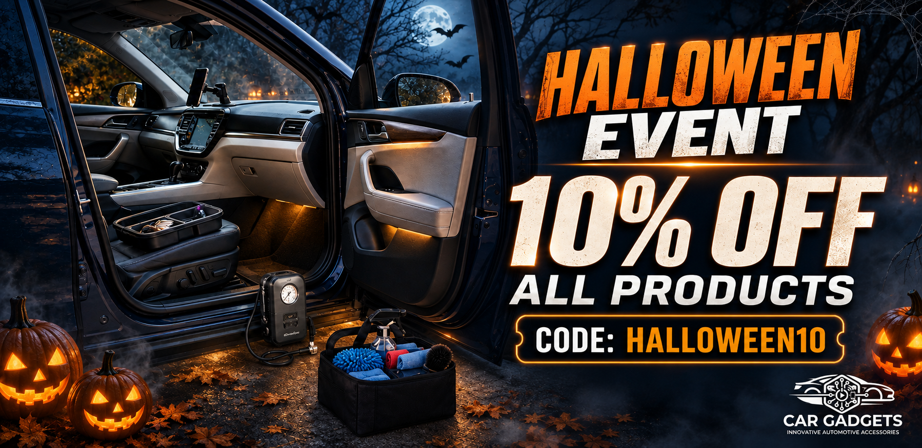 Halloween Event offering 10% off all products with code HALLOWEEN10 beside practical car accessories in a moonlit car interior