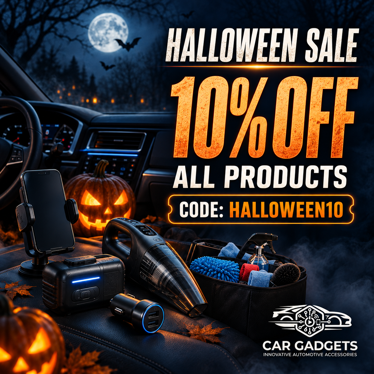 Halloween Sale offering 10% off all products with code HALLOWEEN10 beside practical car accessories in a moonlit car interior