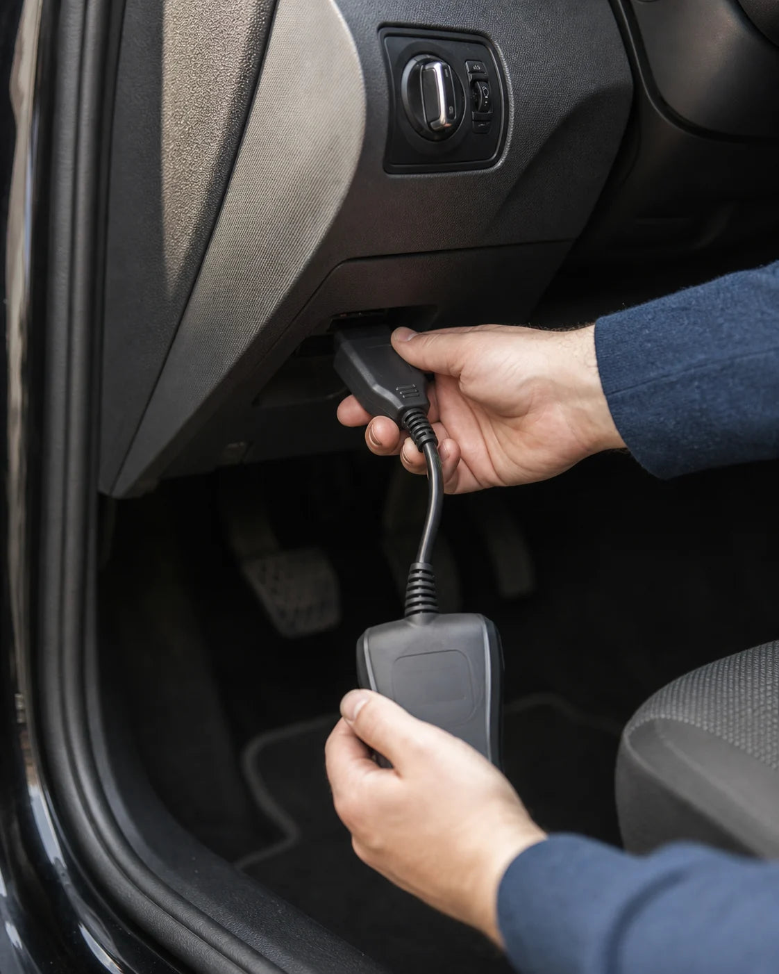OBD2 diagnostic scanner connected inside a parked car