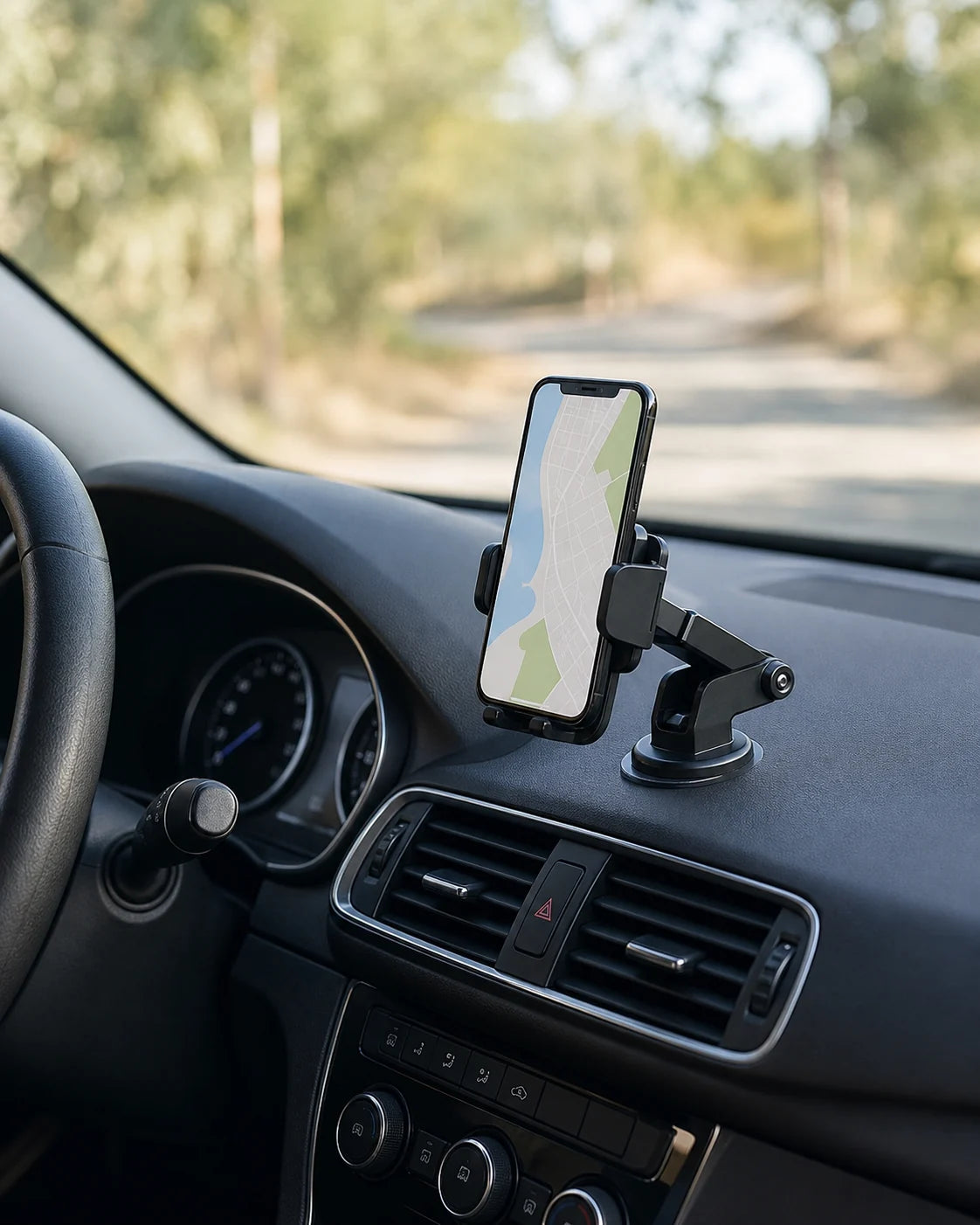 Phone positioned on an adjustable dashboard mount in a parked car