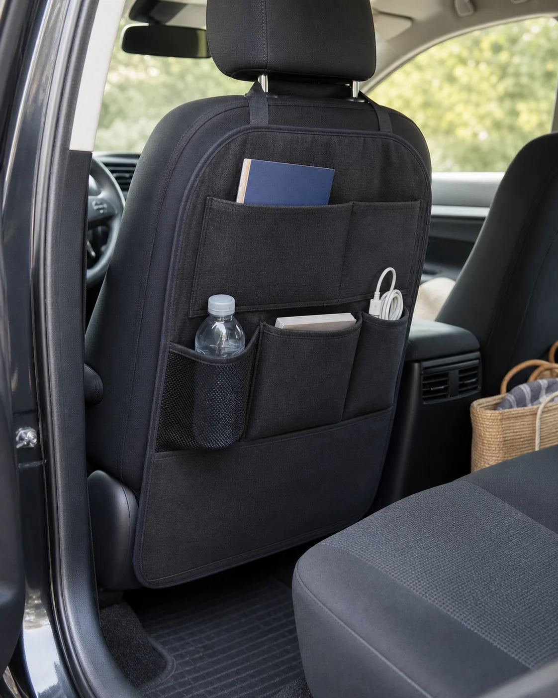 Car cleaning and seat-back organization accessories inside a parked vehicle
